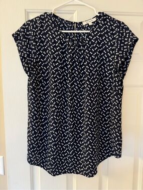Pleated Navy Dot Cap Sleeve Blouse by Market & Spruce